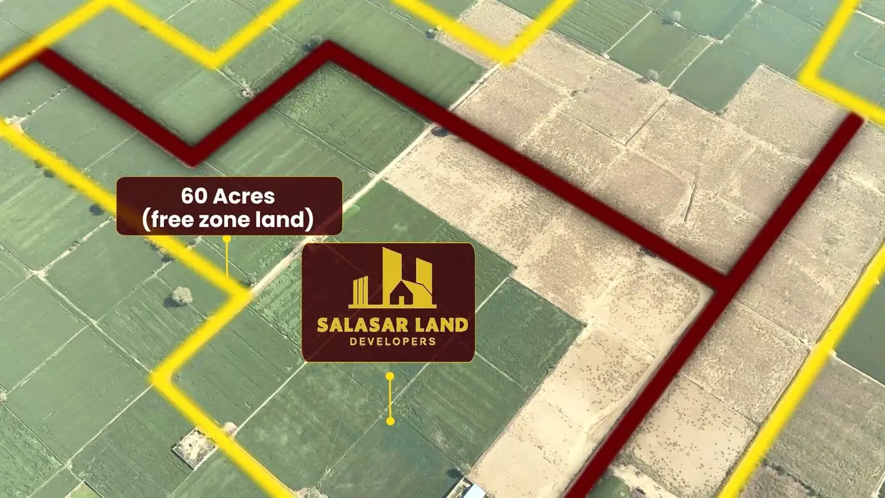 Aerial view of the land — labelled “60 Acres (free zone land)” in the project video